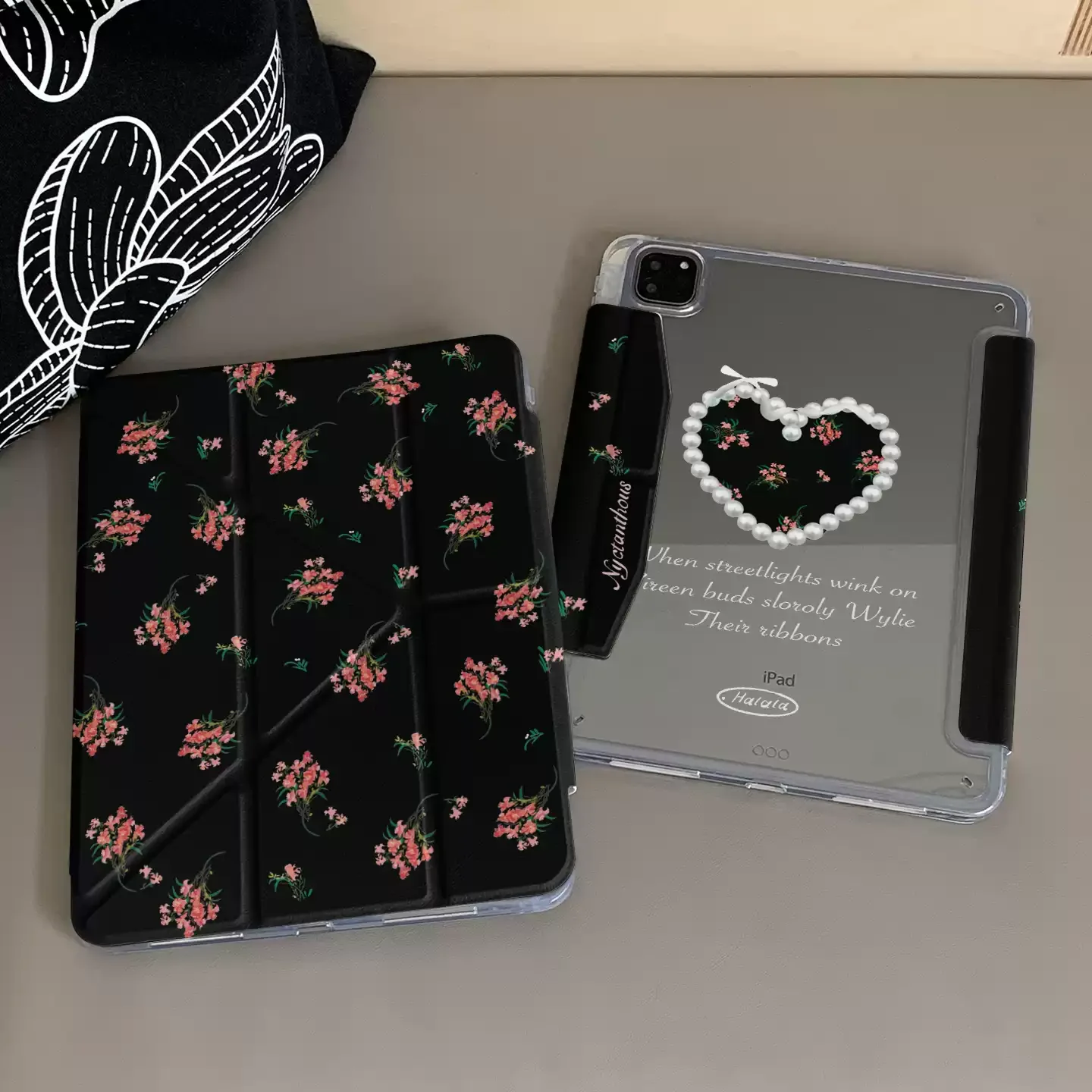 Love Floral Pearl Black Table Case For iPad Pro 11 12.9 13 M2 M3 M4 M5 Shell 8.3 9.7 10.2 5/6/7/8/9/10/11th Air 3 4 5 6 7 Cover