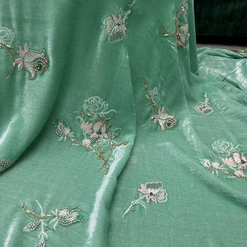 Green Rose Beaded Velour Silk Fabric for Autumn Winter Dress Jacket Bean Green Warm Velvet Fabric for DIY Sewing R7164