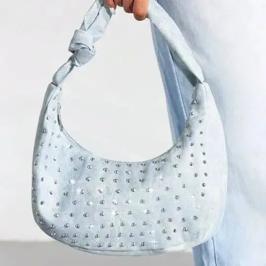 

Bloom Beading Half Moon Handbag For Women Fashionable Denim Y2k Shoulder Bags Hot Girls Versatile Underarm Bag Aesthetic