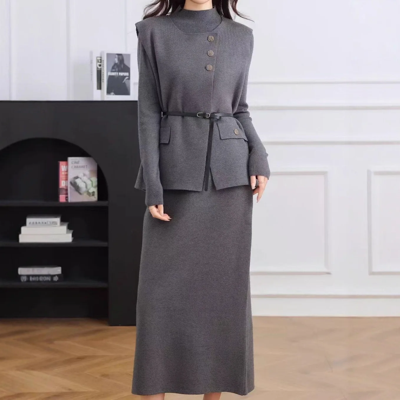 

Two Piece Sets Dress Set Women Full Sleeve Long Dresses High Waist Round Neck Vests Y2k Streetwear Elegant Work Autumn Winter