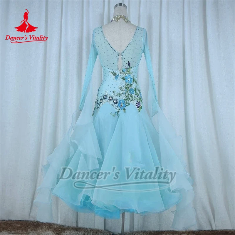فساتين الرقص الاجتماعي القياسية باللون الأزرق الفاتح بأكمام طويلة من حجر AB للبالغين والأطفال فساتين الفالس فوكستروت أداء حيوية الراقصة