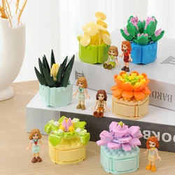 Flower Succulents Building Blocks Pomegranate Pink Gardens Romantic Bricks DIY Potted Plants Model Kids Kits Toys