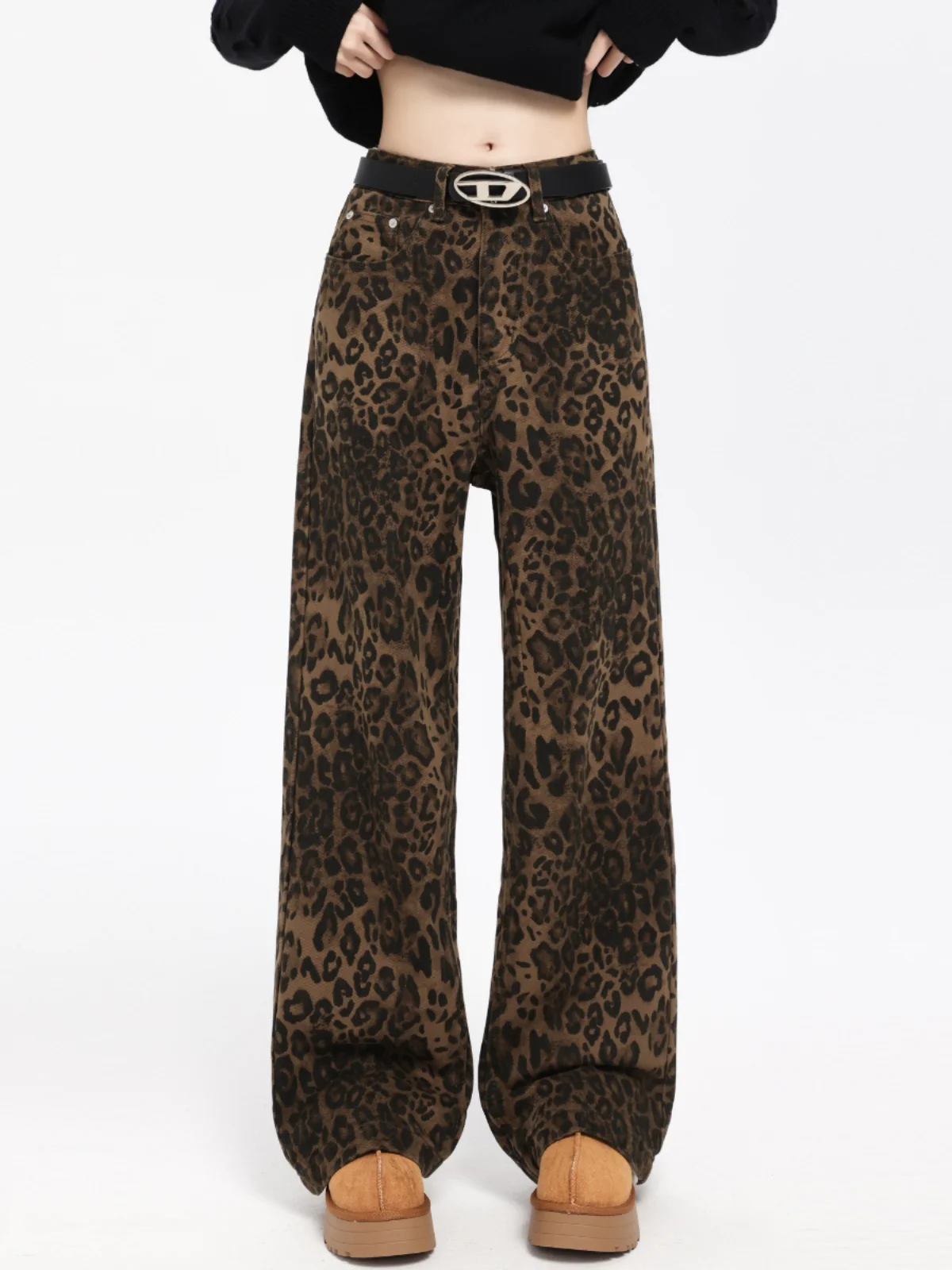 

Джинсы с леопардовым принтом Gou American в стиле ретро для мужчин и женщин, прямые повседневные длинные брюки High Street, свободные джинсовые брюки со средней талией на молнии