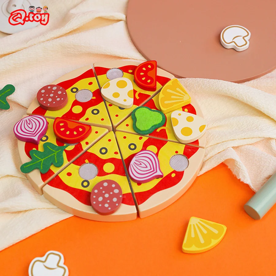 Juego de simulación de Pizza de madera para niños, casa de juegos, juguetes de corte, cocina educativa, juego de comida, fiesta