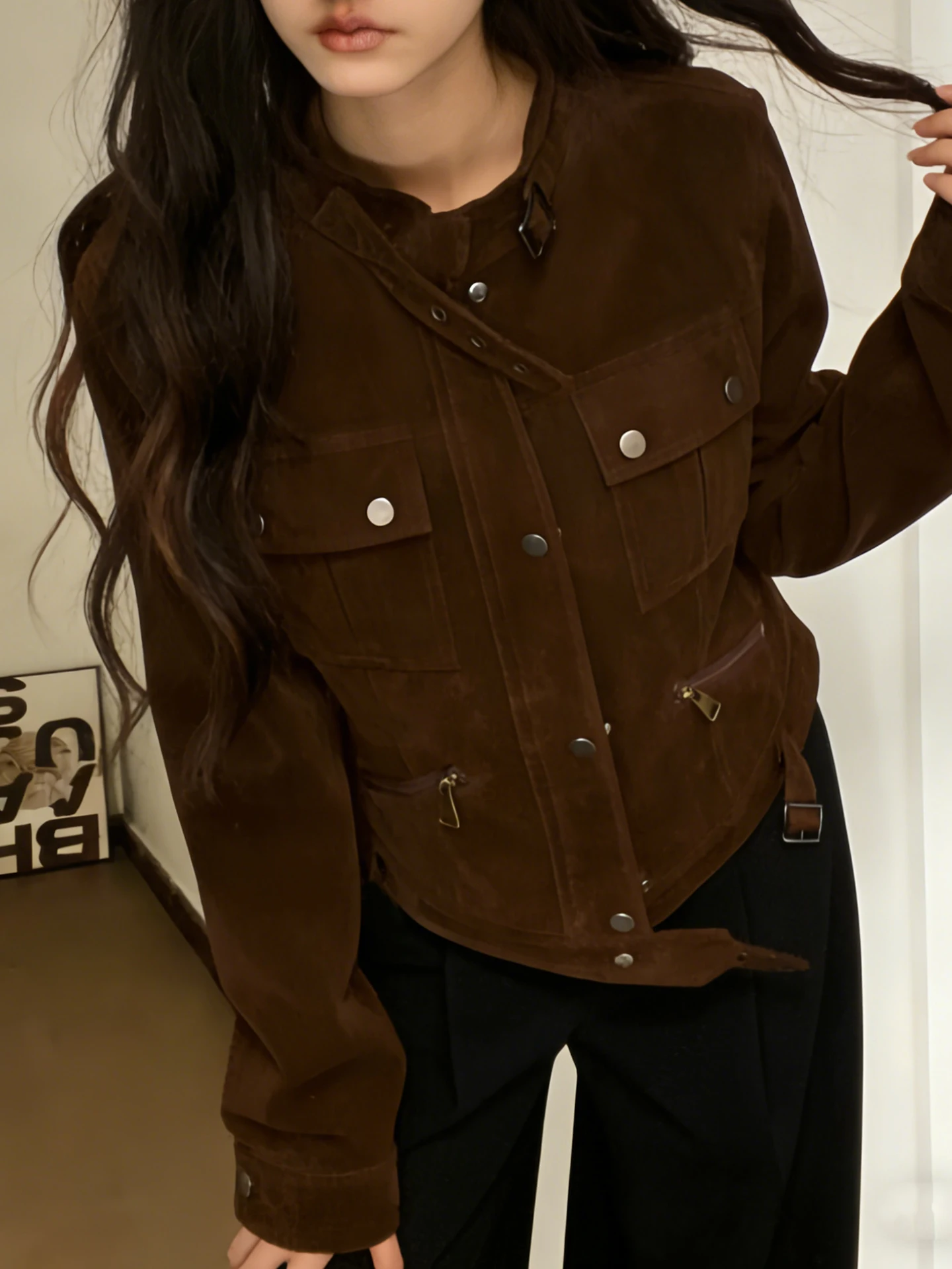 Browan camurça motocicleta jaet feminino ort oulder apropriado primavera outono novo sle americano retro jaet casaco