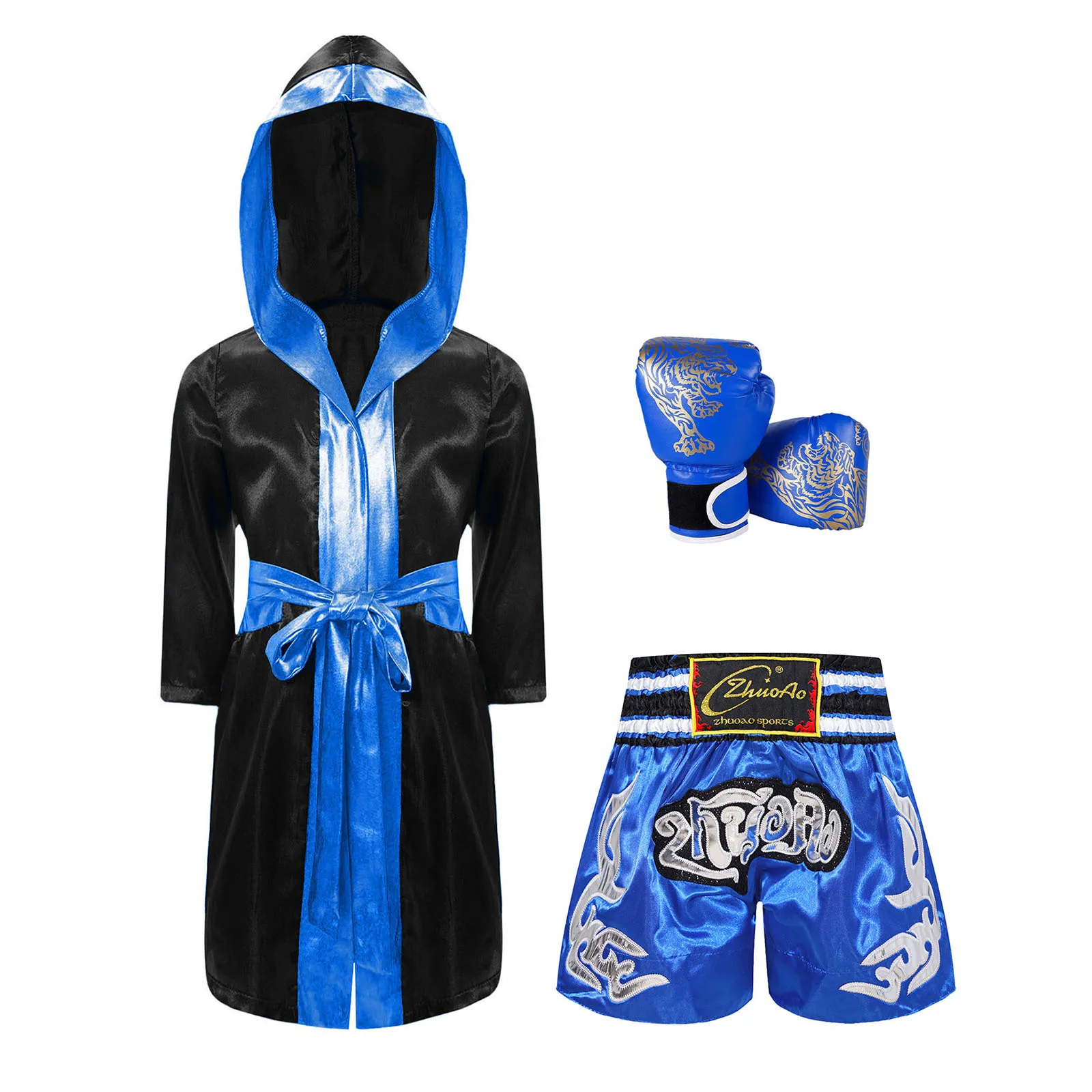 Vestaglie da boxe per ragazzi Bambini Muay Thai Sanda Abito con cappuccio con cintura Pantaloncini Adolescenti Bjj Boxer Guanti Set Costume da allenamento per bambini