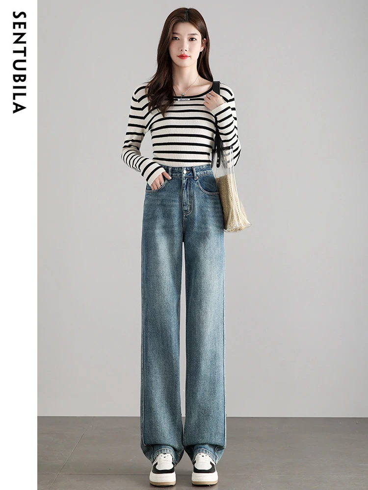 SENTUBILA High Waist Baggy Jeans for Women 2024 Autumn Fashion Wide Leg Straight Pants Ladies Loose Trousers Female W33N50631