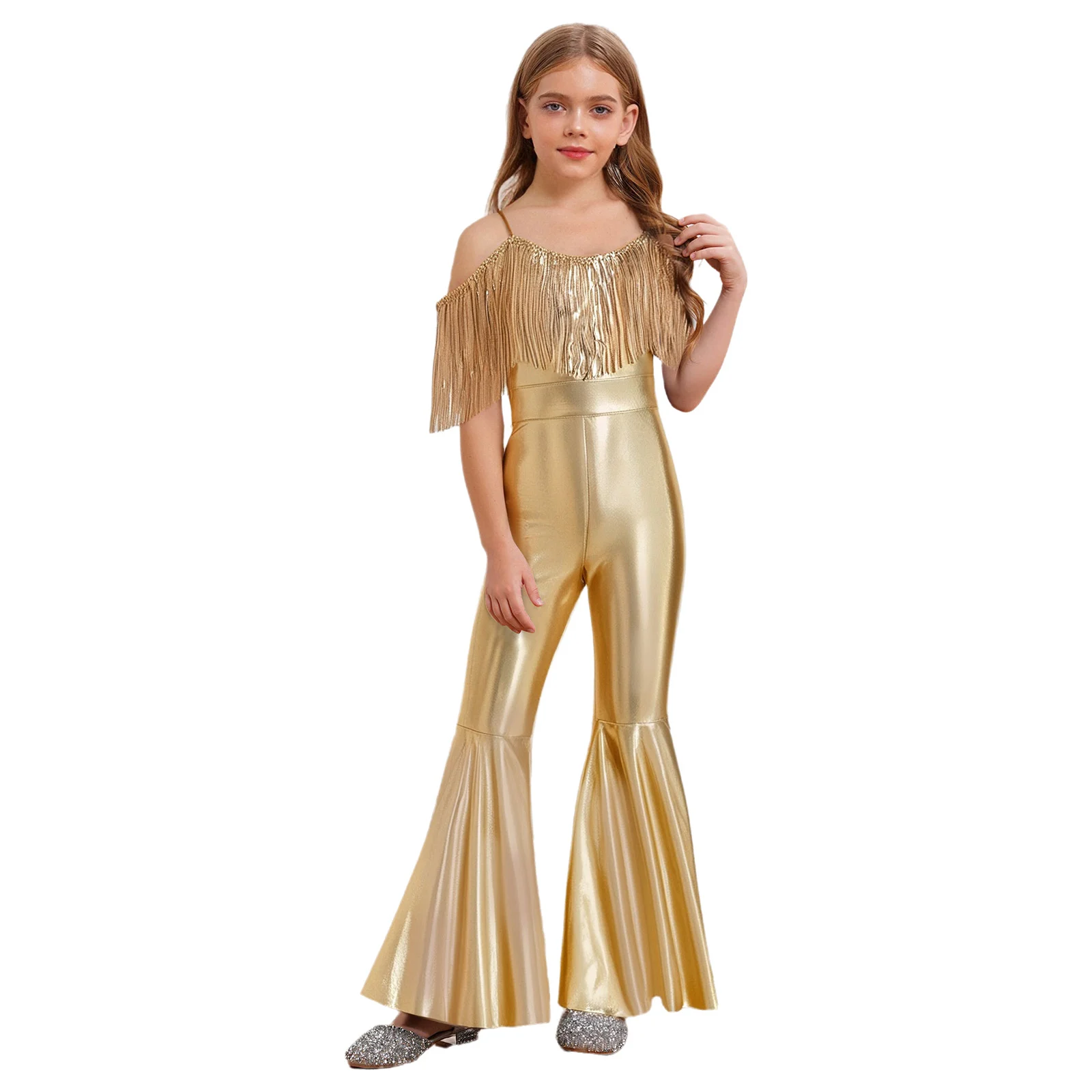 Kids Girls 70s Disco Jazz Jumpsuit Sleeveless Sparkly Sequins Tassels Flared Rompers Beauty Contest Outfits for Banquet Pageant image 2
