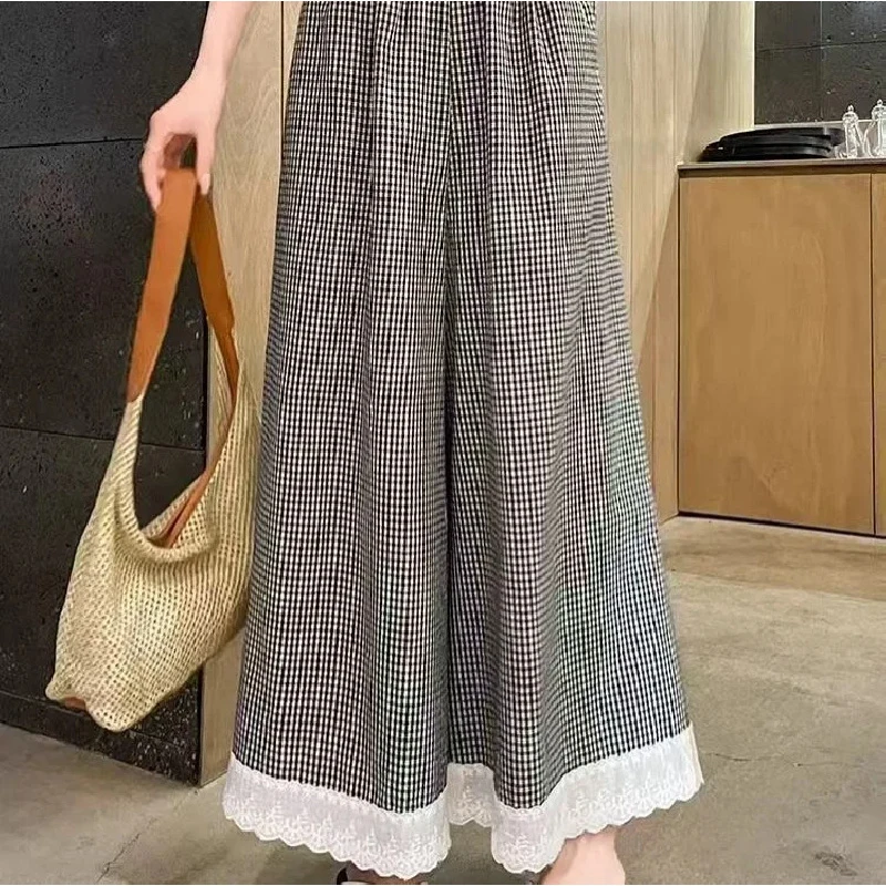 

Summer Korean Plaid High Waist Wide Leg Pants Lace Trim Loose Drape Casual Trousers plus Size Lazy Style Slimming Straight