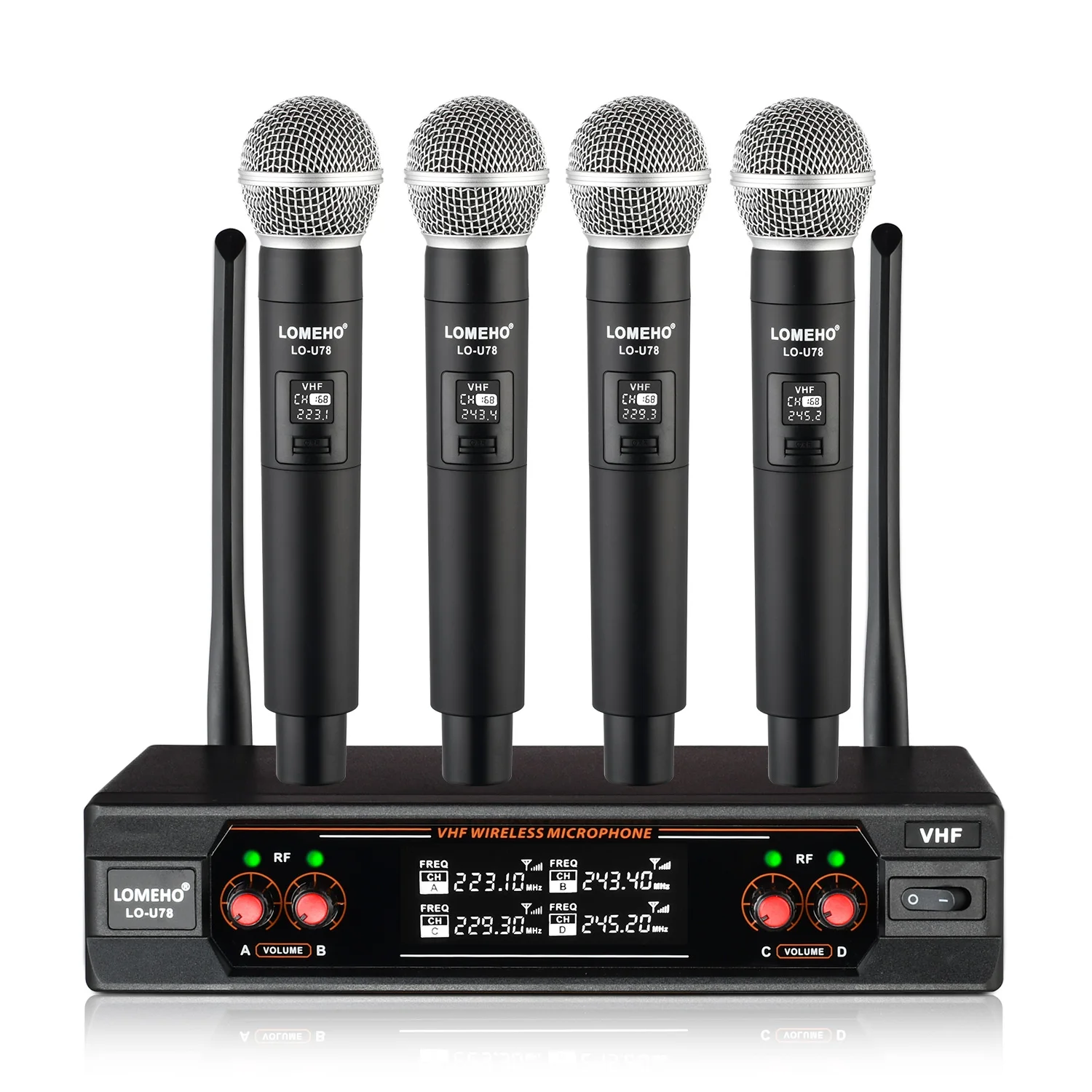 

LOMEHO 4 way Wireless Microphone System VHF Dynamic Handheld Transmitters Home Karaoke KTV Cordless Mic with Receiver LO-U78