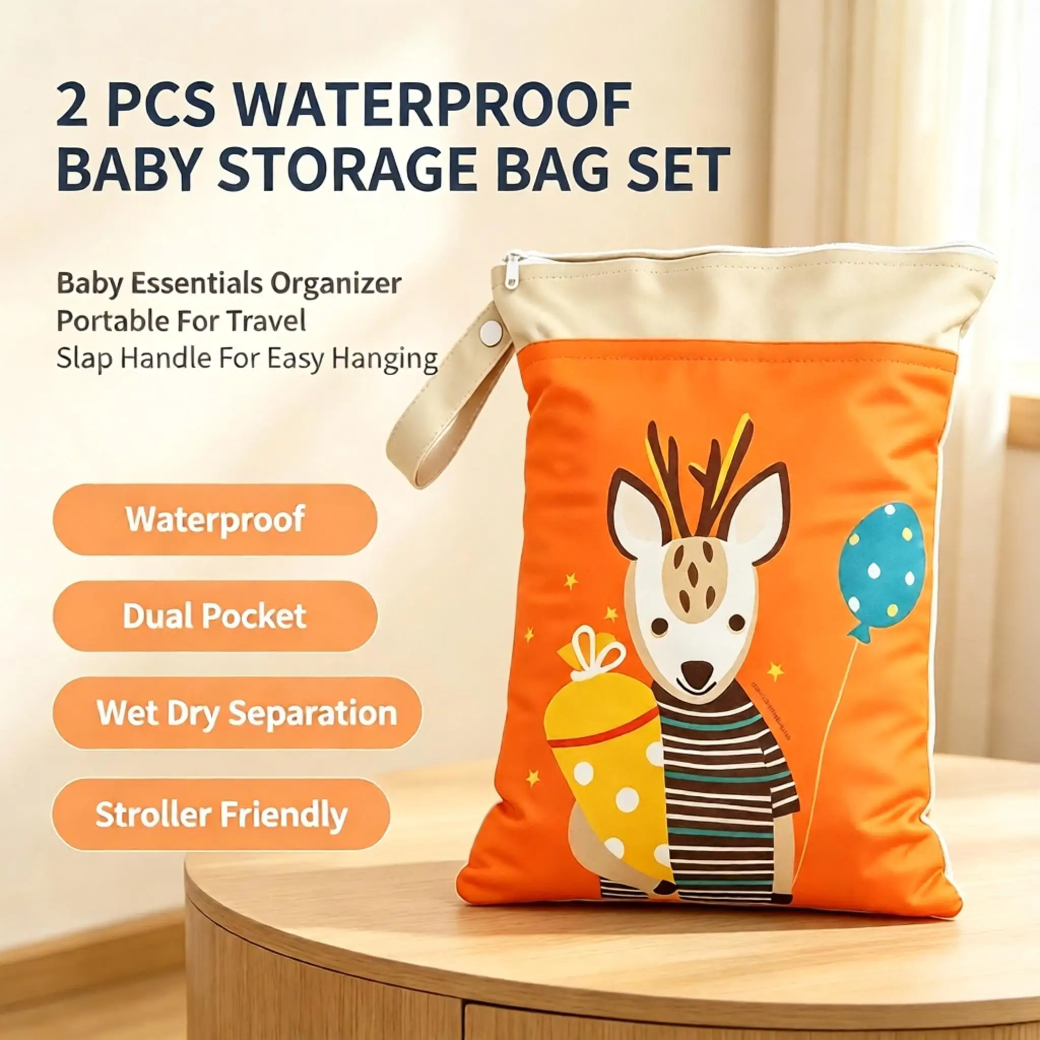Portable Wet Dry Bag Cartoon Printed Double Pocket Storage Bag Waterproof Crib Hanging Organizer For Baby Travel Outdoor