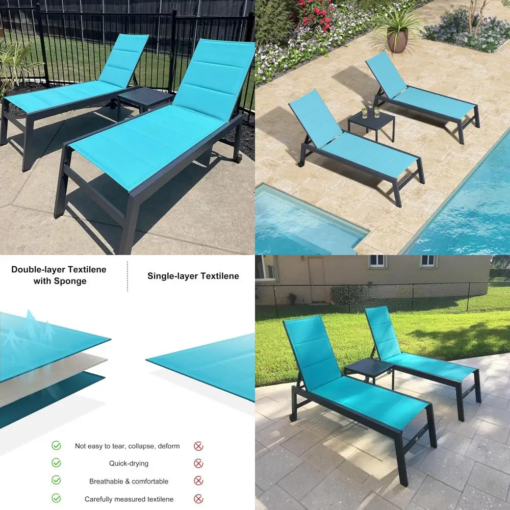 Aluminum Outdoor Chaise Lounge Set, 2 Piece Patio Chairs with Wheels and Side Table, Poolside Relaxation Furniture