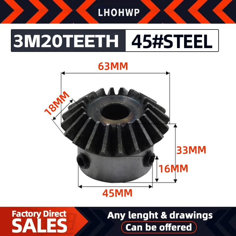 1pcs Bevel Gear 3M 20Teeth Inner Hole 15/16/17/18/19/20/22 /24/25/28mm Gear 90 Gegrees Meshing Angle Steel Gears Screw Hole M5