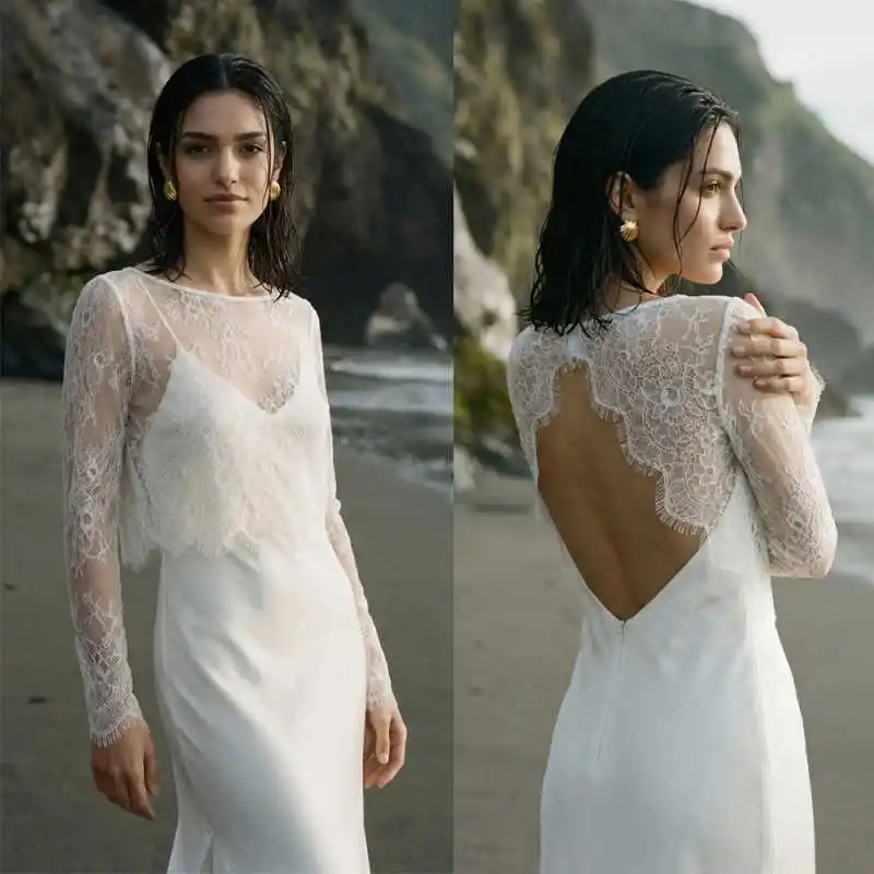 Delicate Bohemian Bridal Jackets Round Neck Sheer Floral Lace Long Sleeve Cropped Bolero Scalloped Wedding Bridal Shoot