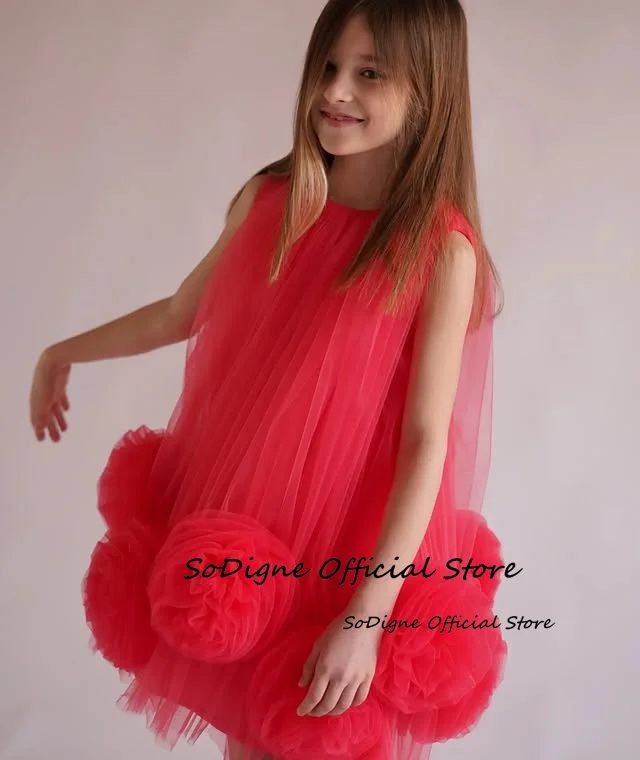 SoDigne 3D Flower A-line Tulle Flower Girl Dress O-neck Sleeveless Skirt Girls Party Dresses 2025 Kid Gown Customized image 3