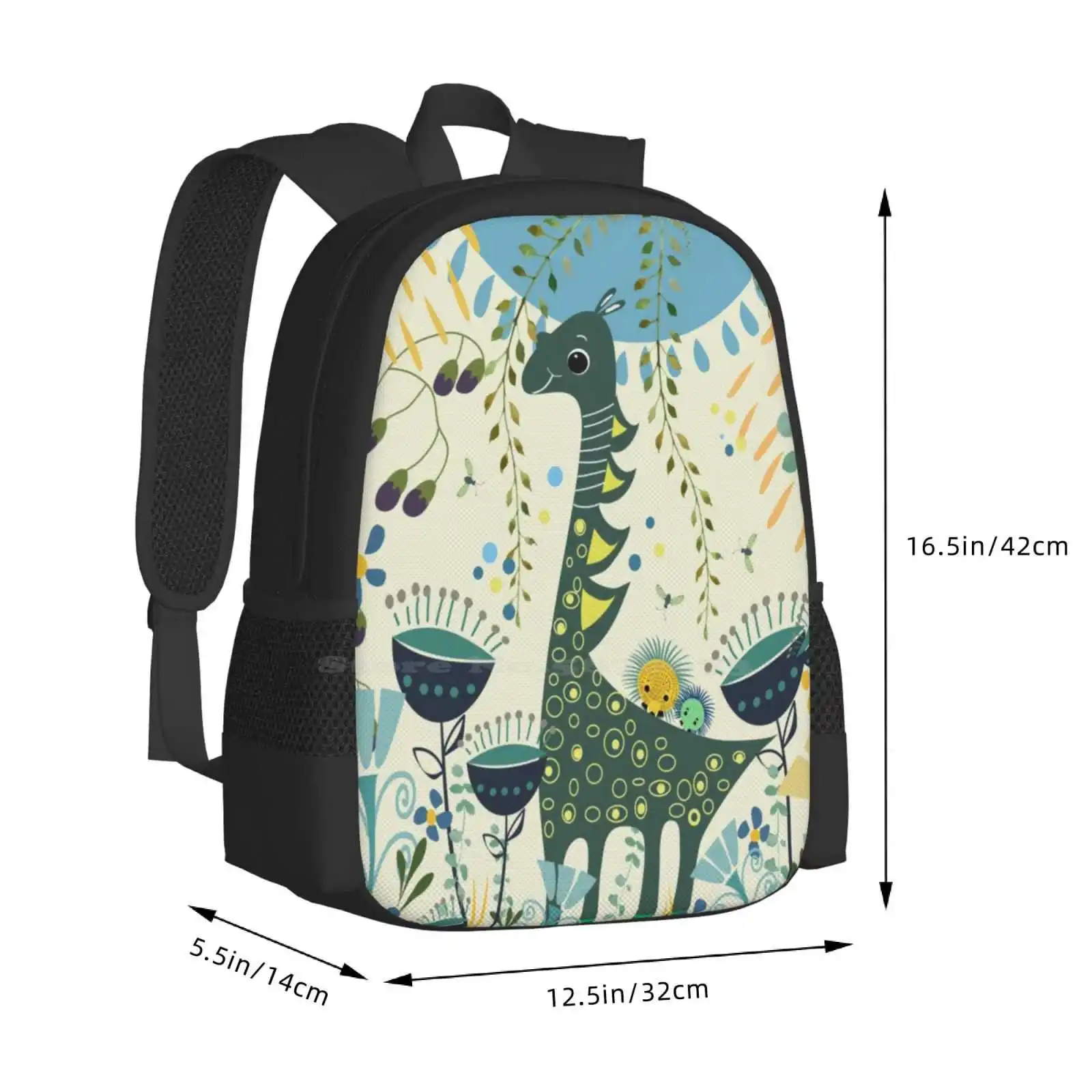 Little Dino Teen College Student Backpack Pattern Design Bags Dino Flowers Childeren Blue Green Nature Garden