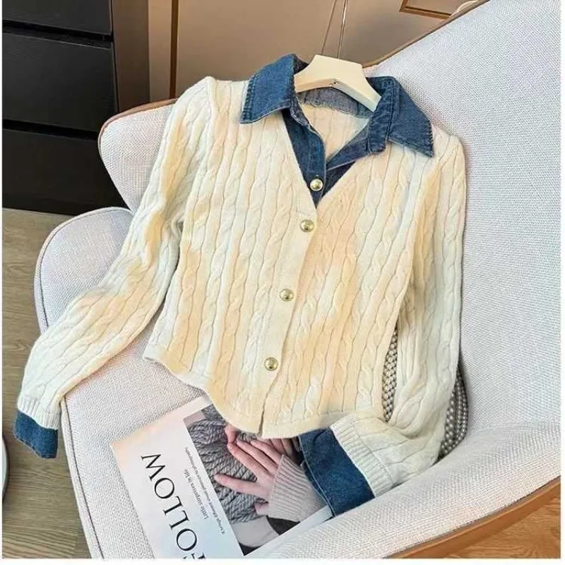 

Korean Denim Lapel Stitching Fake Two-piece Long-sleeved Twist Sweater Female Cardigans Temperament Joker Design Sweater Ladies