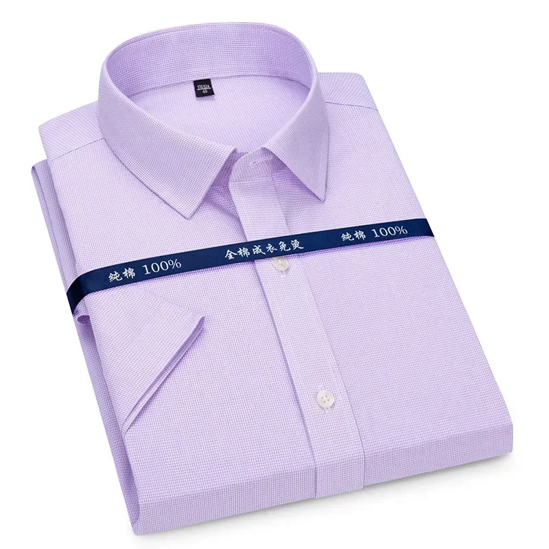 

Easy Care Business Mens Formal Shirts Summer Short Sleeve Non-Iron 100% Cotton Striped Plaid Shirt Man Solid No Chest Pocket New