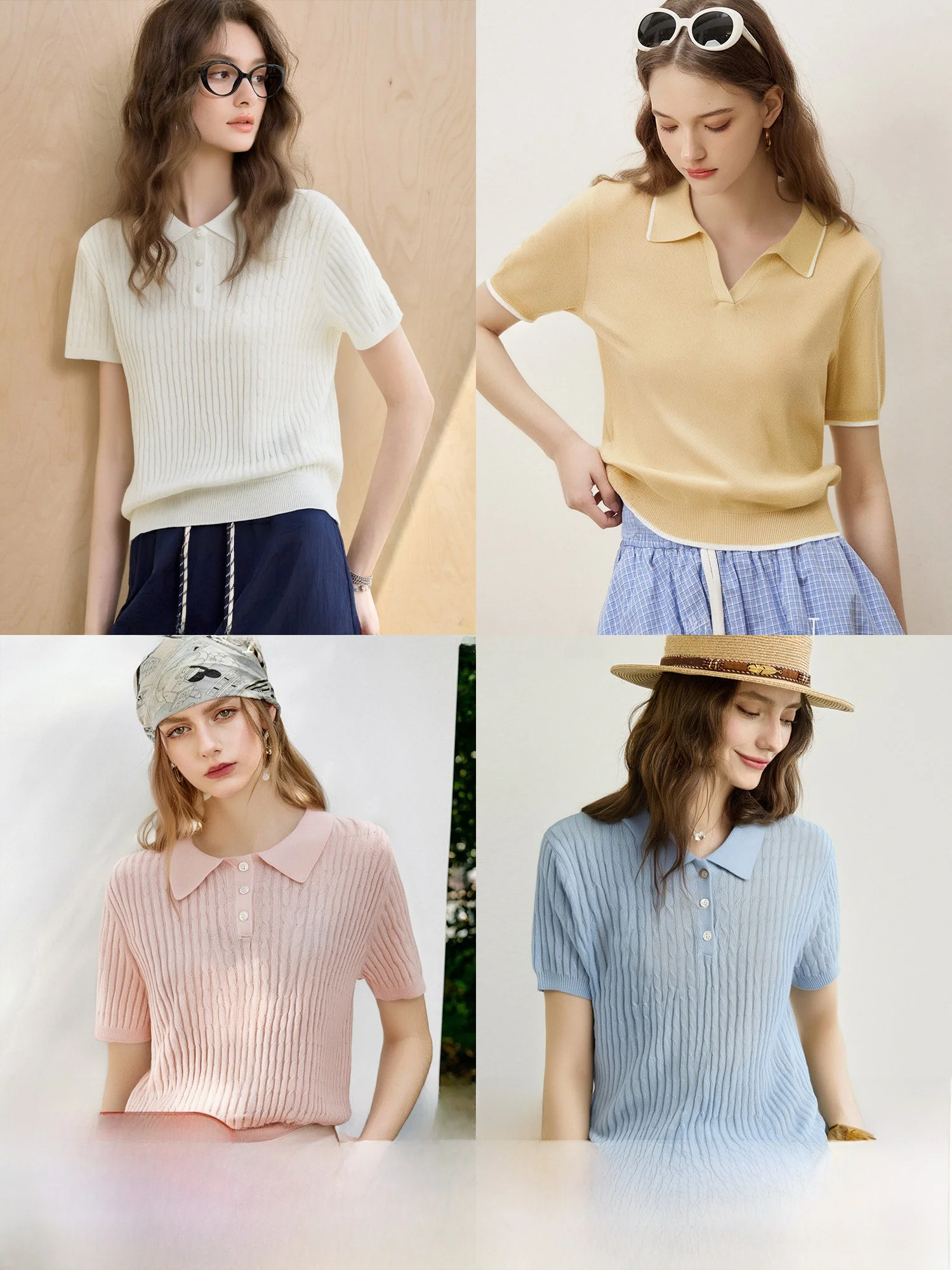 

Classic Sle Knitted irt with Stand Collar ort Sve Color Blo Light Work Environment Suitable for Summer Women
