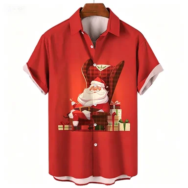 Fun and Funny Santa Claus Printed Short Sleeved Shirt for Men's New Year Christmas Party Loose Fitting Shirt