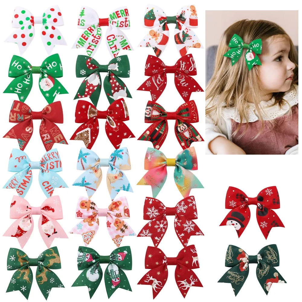 

100pc/lot 3.2" Christmas Tree Santa Prints Bow Hair Clips Baby Girls Christmas Ribbon Bow Hairpins Barrettes Kids Xmas Headwear