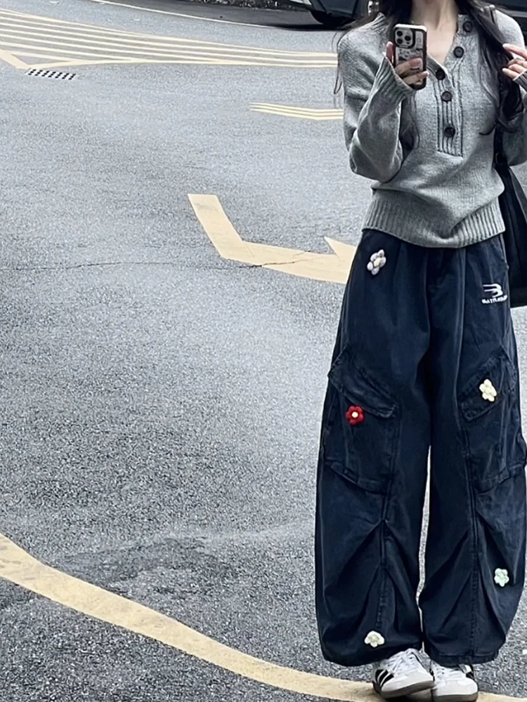 Damskie dżinsy robocze Deep Blue z haftem, na wiosnę i jesień, z szerokimi nogawkami, luźny krój, wysoki stan, wyszczuplające, proste, długie spodnie.