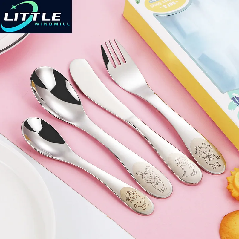 Stainless Steel Kid Cutlery Cartoon Pattern Carving Children Tableware Western-style Spoon Fork Set Baby Flatware Dinnerware