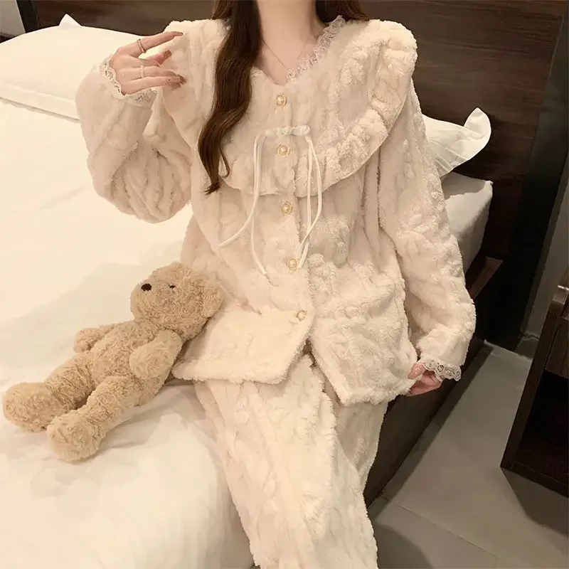 2024 Winter Long Sleeve Thick Warm Flannel Pajama Sets For Women Korean Cute Lace Coral Velvet Sleepwear Pyjama Homewear Clothes