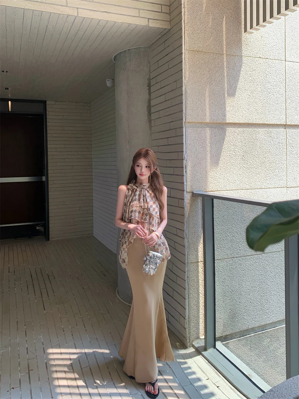 

Orange Belted Vest And Skirt Set Women's Slim Fit Summer Outfit Two Piece Suit High Waist Midi Skirt Stand Collar Sleeveless