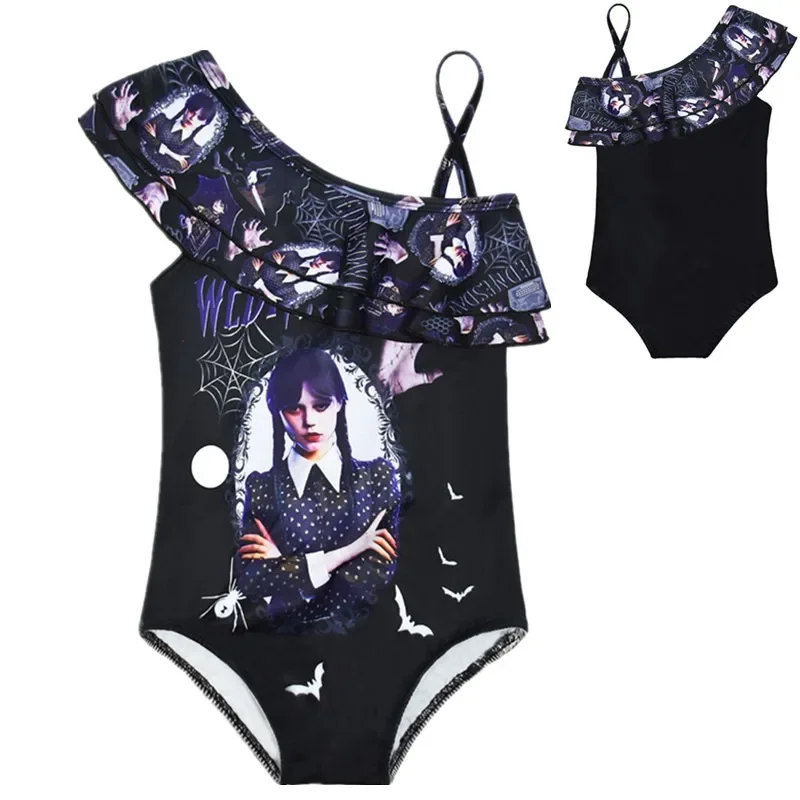 Girl One Piece Wednesday A-Addams Swimsuit Adams Print Child Girl Bathing Suits Child Swimwear Kids Gothic Swim Wear dress set