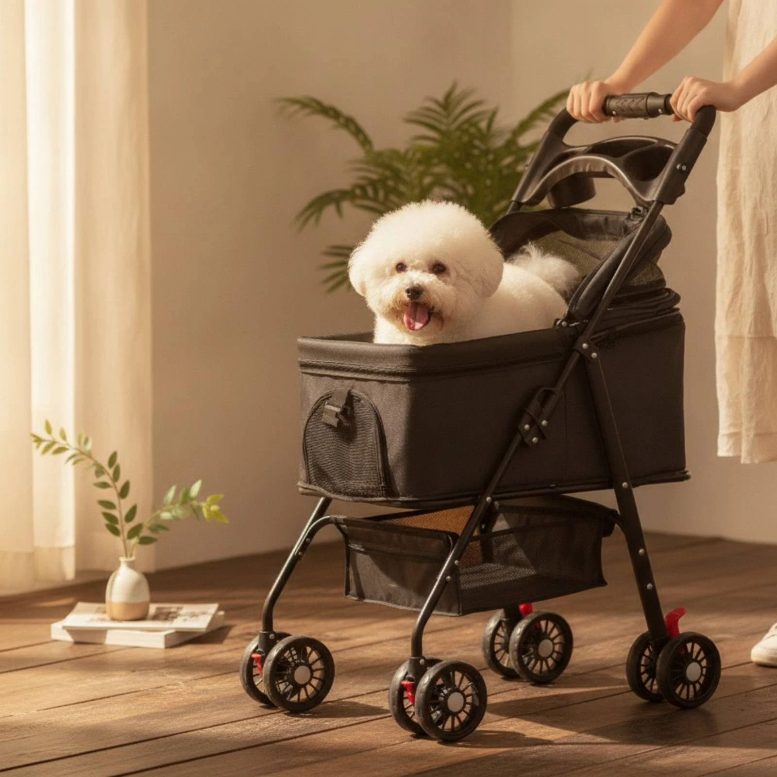 Pet Stroller with Detachable Carrier Ventilated Foldable Pet Stroller Dog Pram Breathable One-Hand Folding for Small Dogs view 5