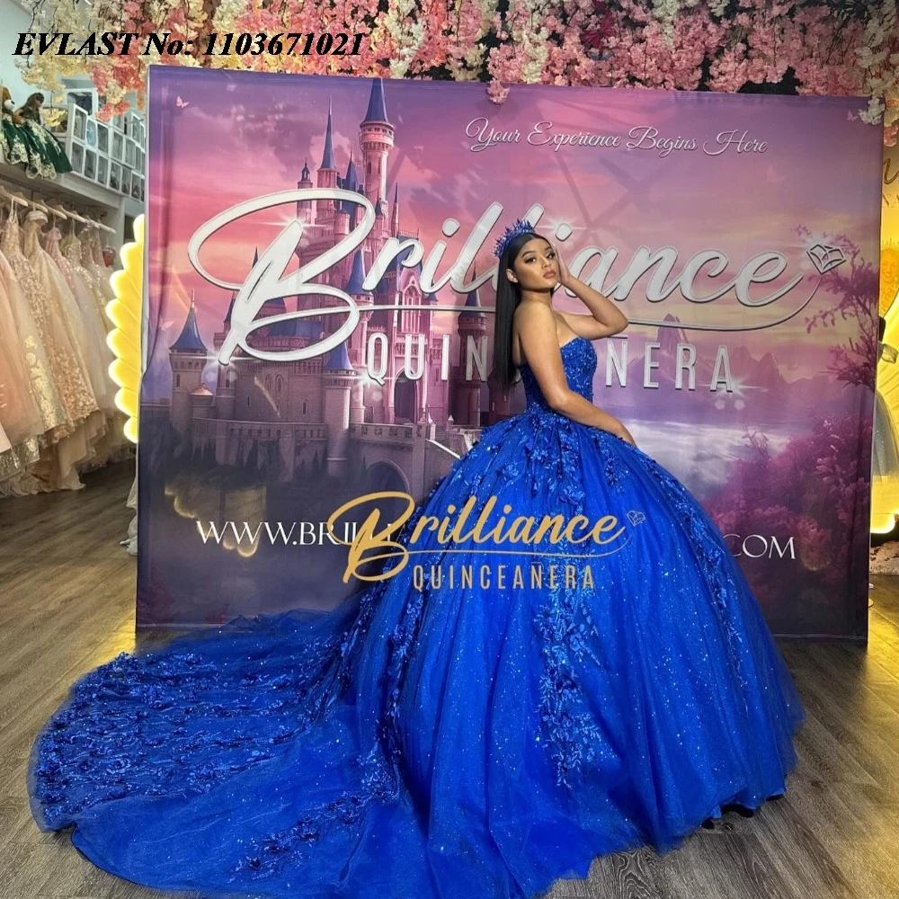 EVLAST Personalizzato Royal Blue Abito Quinceanera Abito di Sfera 3D Applique Floreale Che Borda Corsetto Dolce 16 Abiti Da 15 Anos SQ578