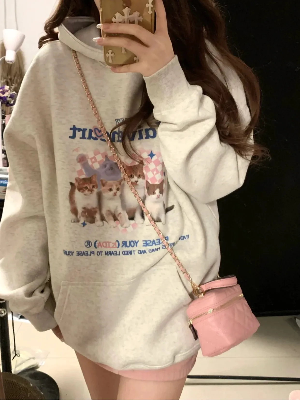 American Retro Kawaii Cat Print Hoodies Women Sweet Cute Aesthetic Animal Sweatshirt Thicken Fleece Winter Casual Harajuku Tops