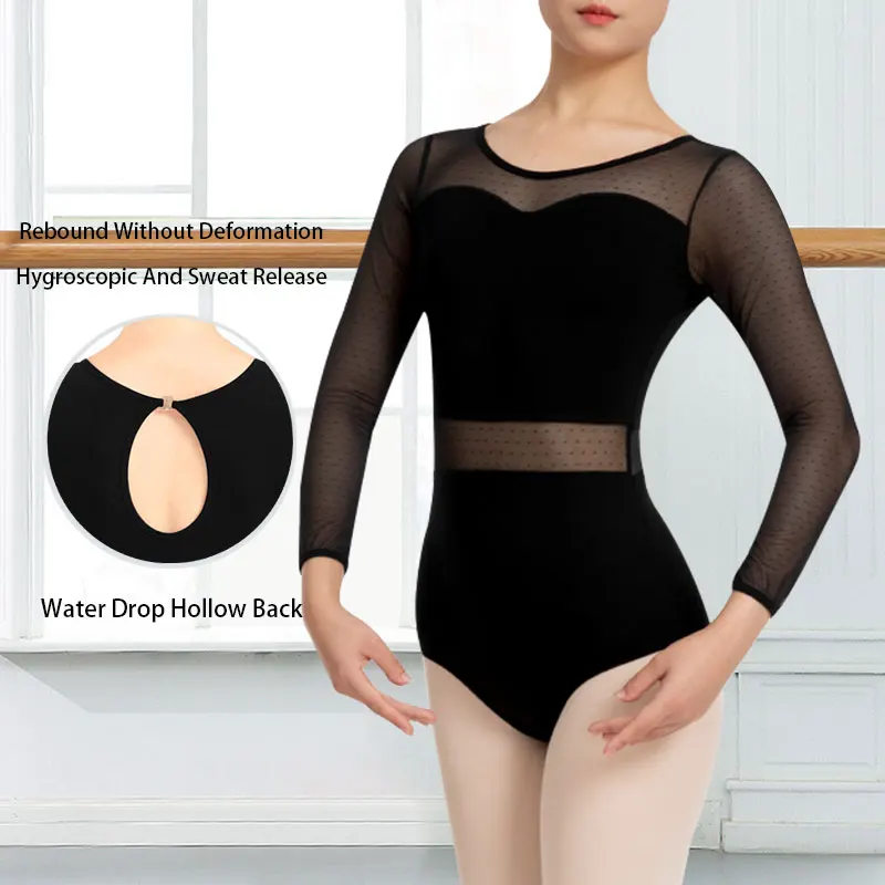 Womens Ballet Dance Practice Leotard for Adult with Water Drop Hollow Back and Spotted Mesh Long Sleeve Ballet Clothes Bodysuit