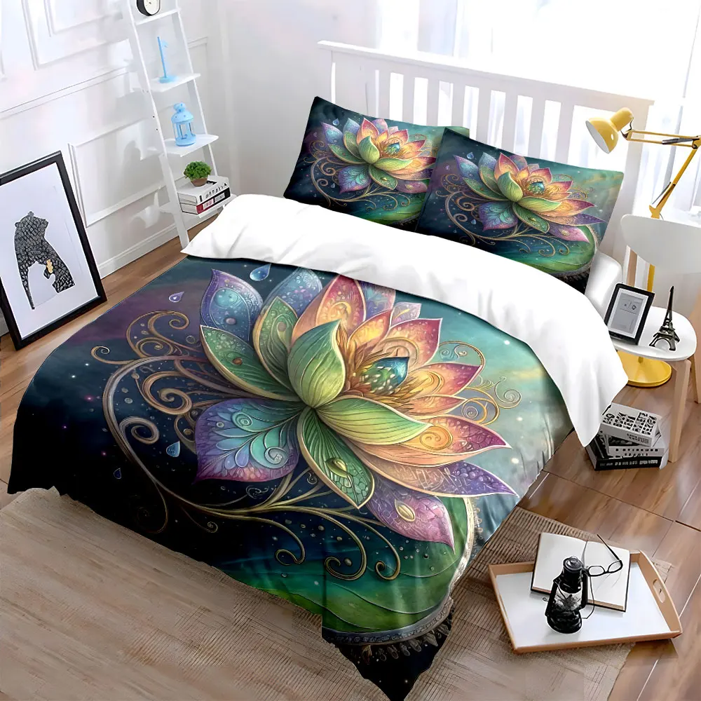 Colorful painted lotus with spirals Pattern Duvet Cover Set Digital Print Colorful Polyester Bedding with Zipper Closur
