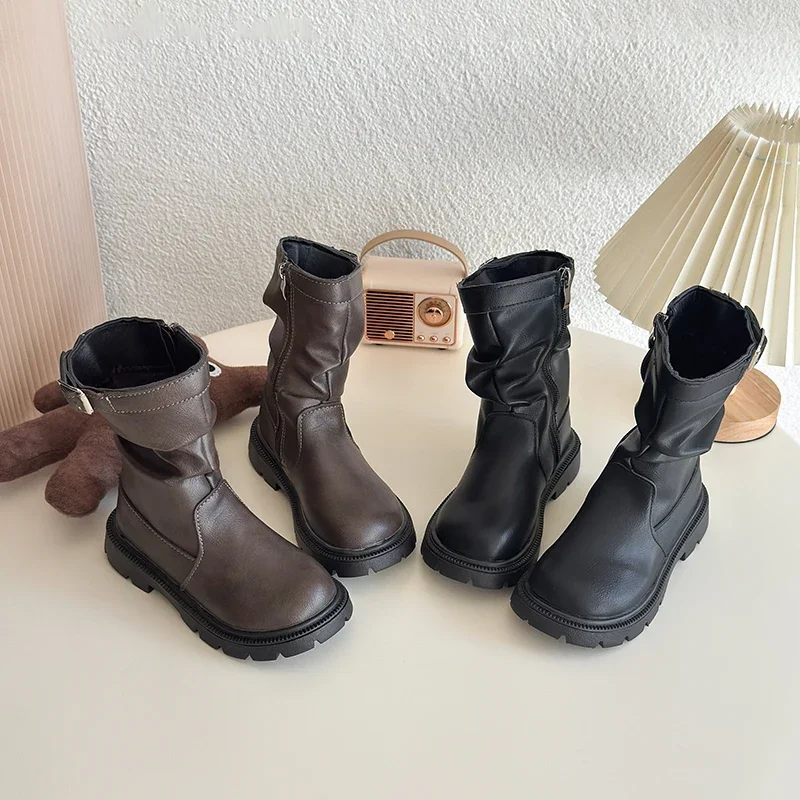 Children Princess Boots Soild Color Round Toes Kids Fashion Boots Zipper 2026 Brand New Girls Leather Boots Mid-calf Versatile