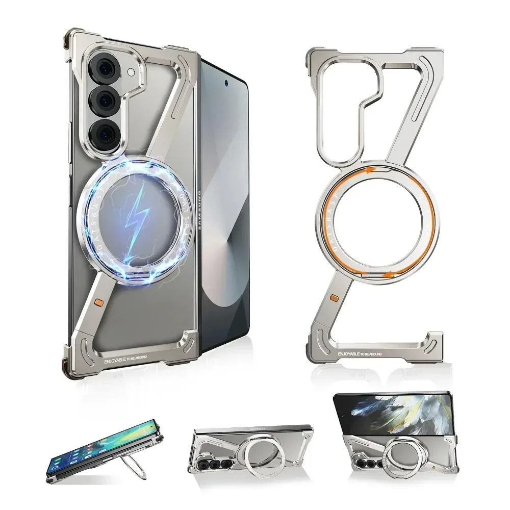 360°Rotating Magnetic Stand Metal Frame Armor Shockproof Phone Case for Samsung Galaxy Z Fold 7 6 5 for Magsafe Protective Cover