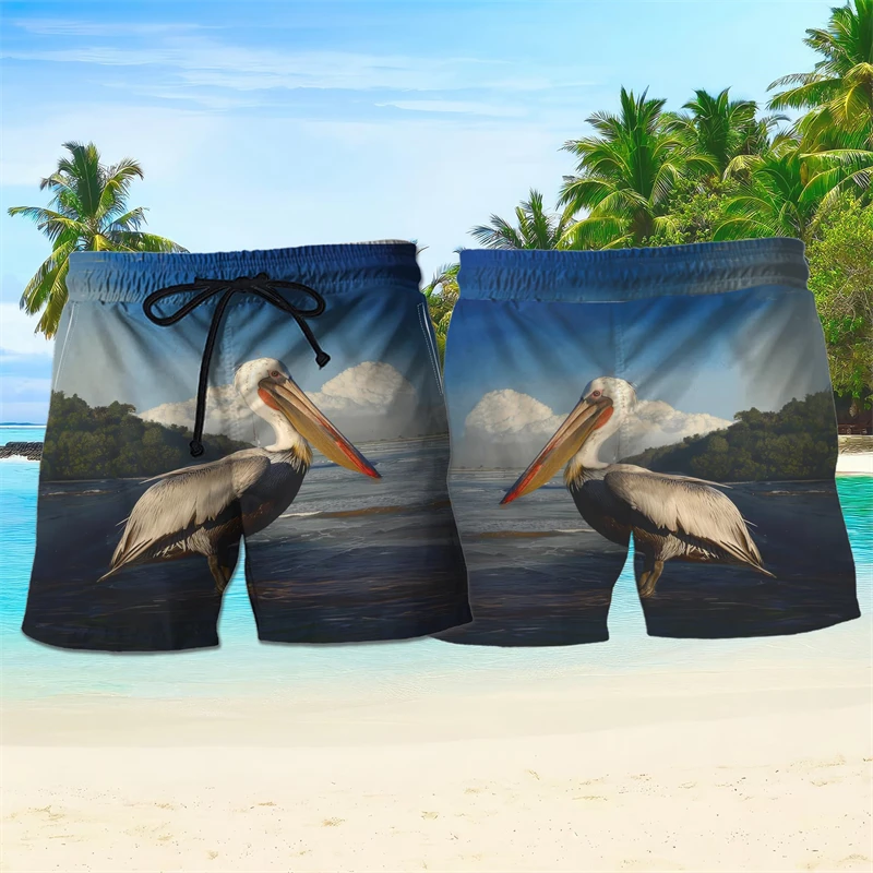 

Fashion Pelican Bird Graphic Beach Shorts For Men Funny Summer Vacation 3D Printed Kids Short Pants Casual Loose Swim Trunks