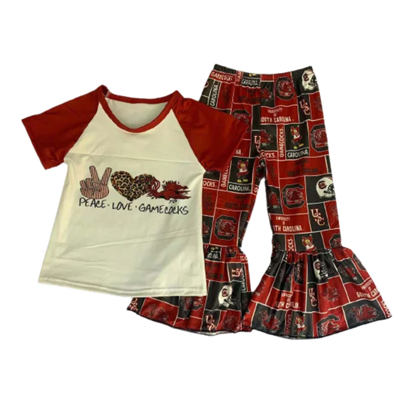 Girls Boutique Clothing Peace Love Cowboy Team Bell Pants Sets Baseball Toddler Girls Clothes Sets