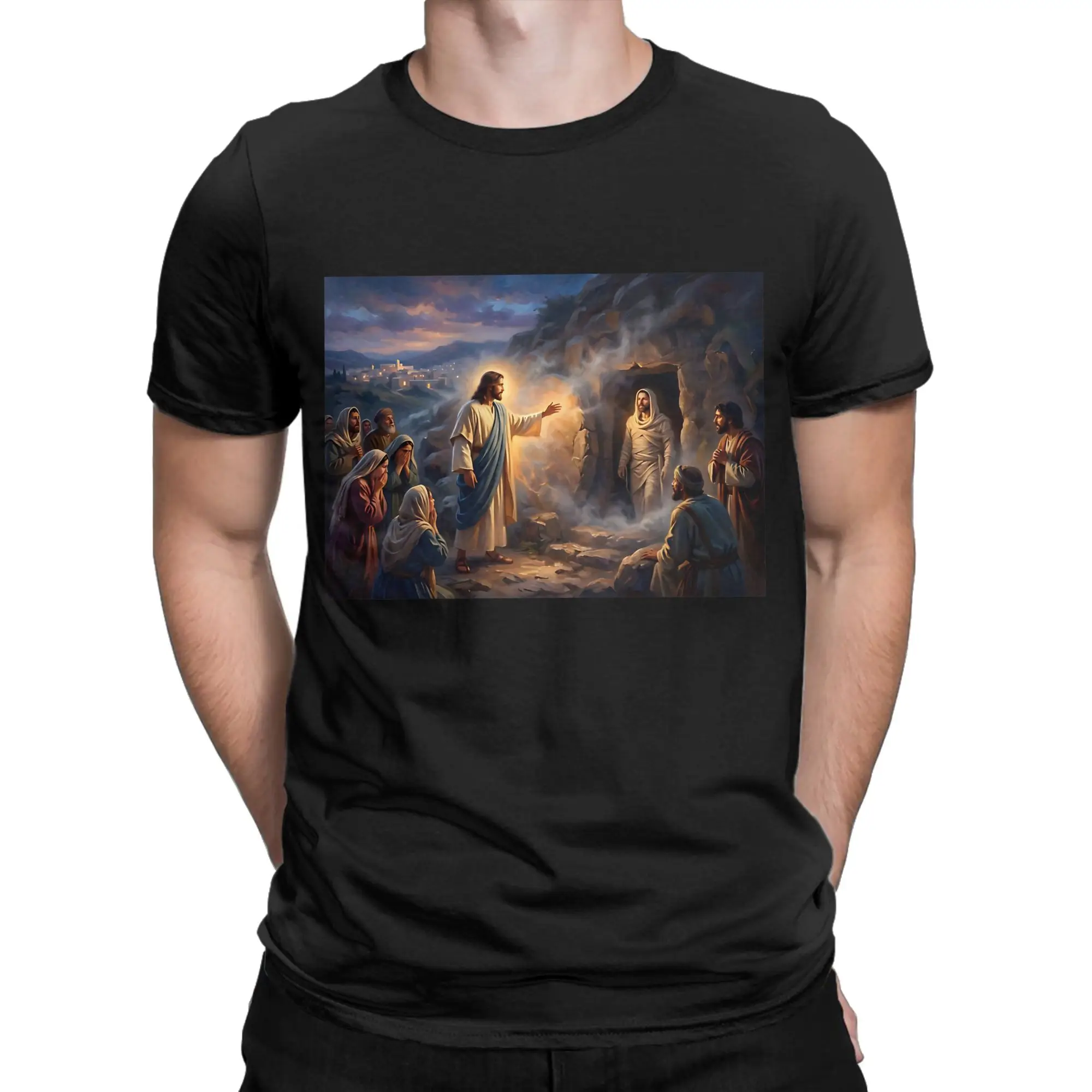 Camiseta de algodón 100% con diseño de la resurrección de Lázaro, pintura bíblica, novedad, camisetas de Jesús para hombre