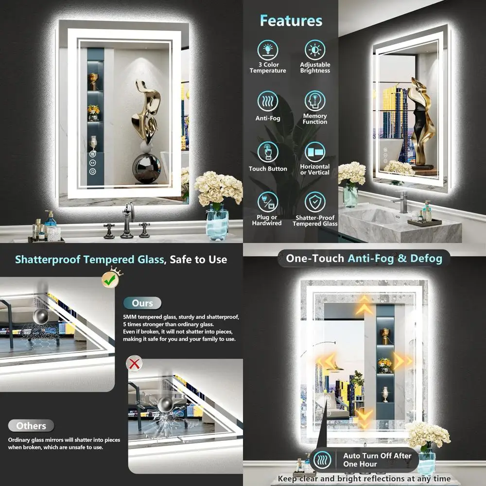 

LED Bathroom Mirror with Lights, Backlit & Front Lit, Anti-Fog, Dimmable, 3-Color, Memory, HD Tempered Glass, 20x28 Inch