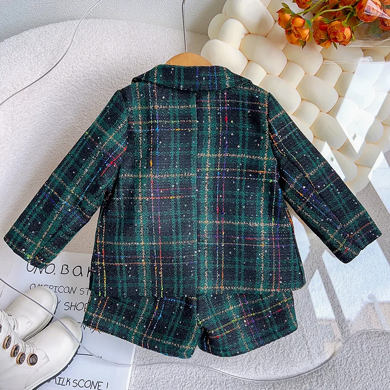 Fashion Kids Girls Princess 2pcs Clothes Set Spring Autumn Children Plaid Blazer Coat Outwear+Shorts Vintage Outfits Suit