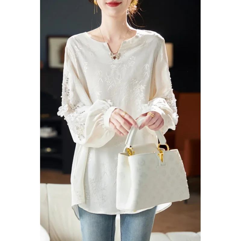 

Beaded Sequin Jacquard V-Neck Chiffon Shirt Women's Spring Autumn New Style Elegant New Chinese Style Long Sleeve Top