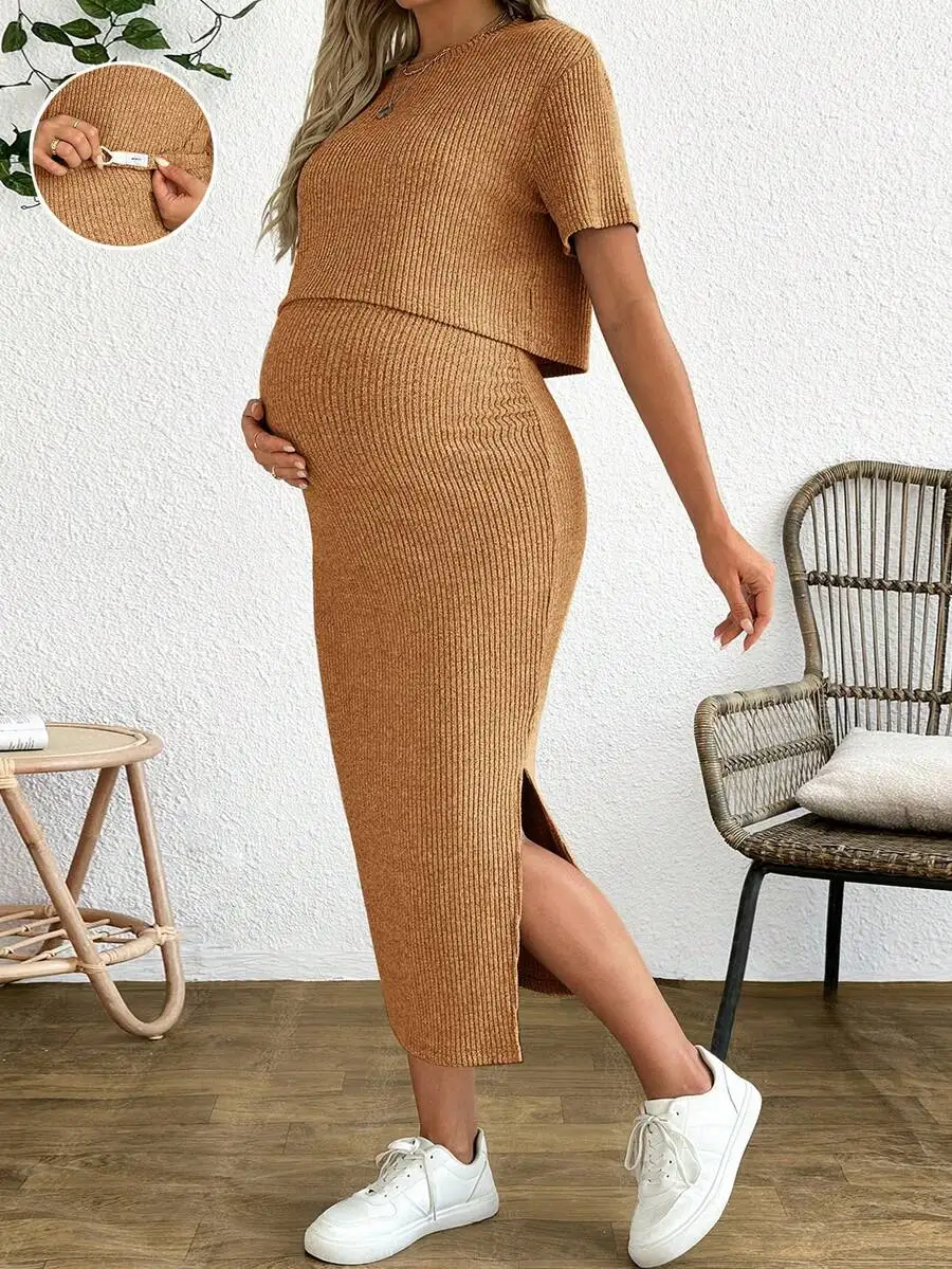 

Maternity Solid Color Round Neck Short Sleeve Top And Skirt Two Piece Set