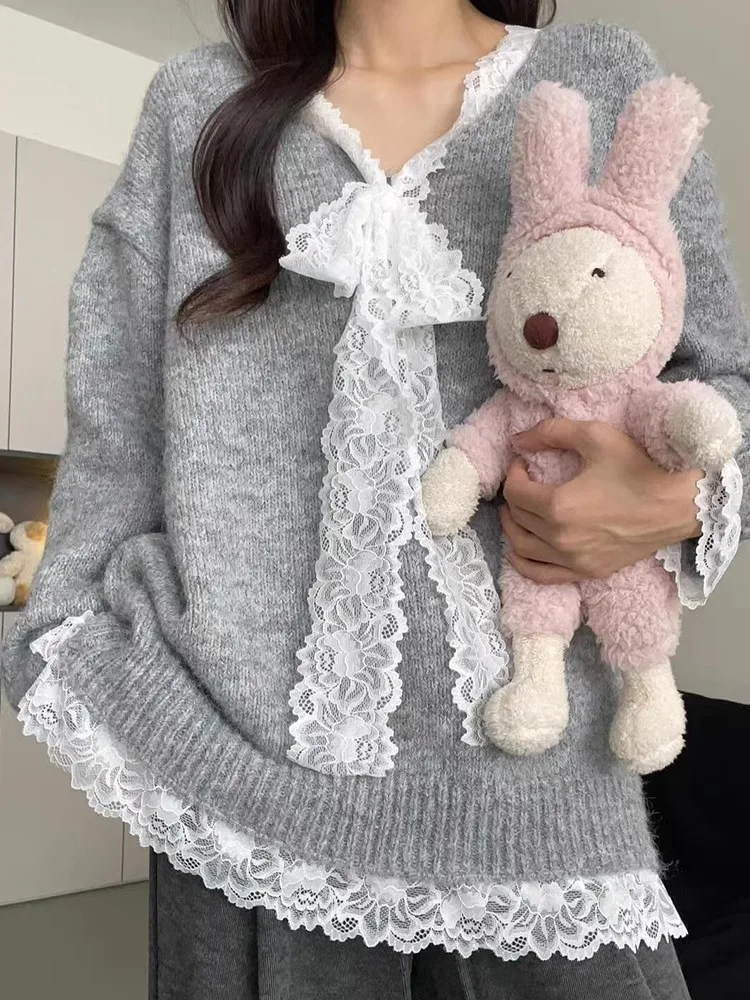 

ay Lace Splice V-Ne Sweater Women's Autumn Winter Middle-Length Loose Lazy Soft Knitted Top Knot Decoration