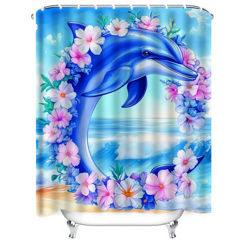 Enchanting Dolphin Shower Curtain:Colorful Flowers, Beach-Sea Backdrop,Fresh Tropical Vibe, Waterproof Bathroom Decor