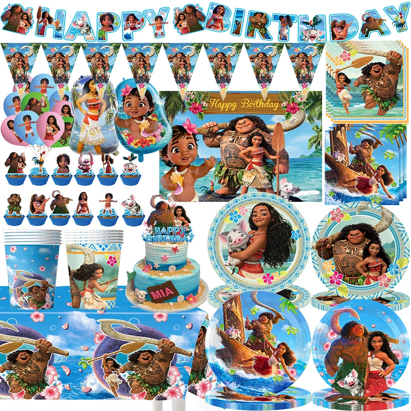 Moana Princess Birthday Party Decorations Moana Cake DIY Topper Foil Balloons Paper Tableware Cup Plates Baby Shower Toys Gift