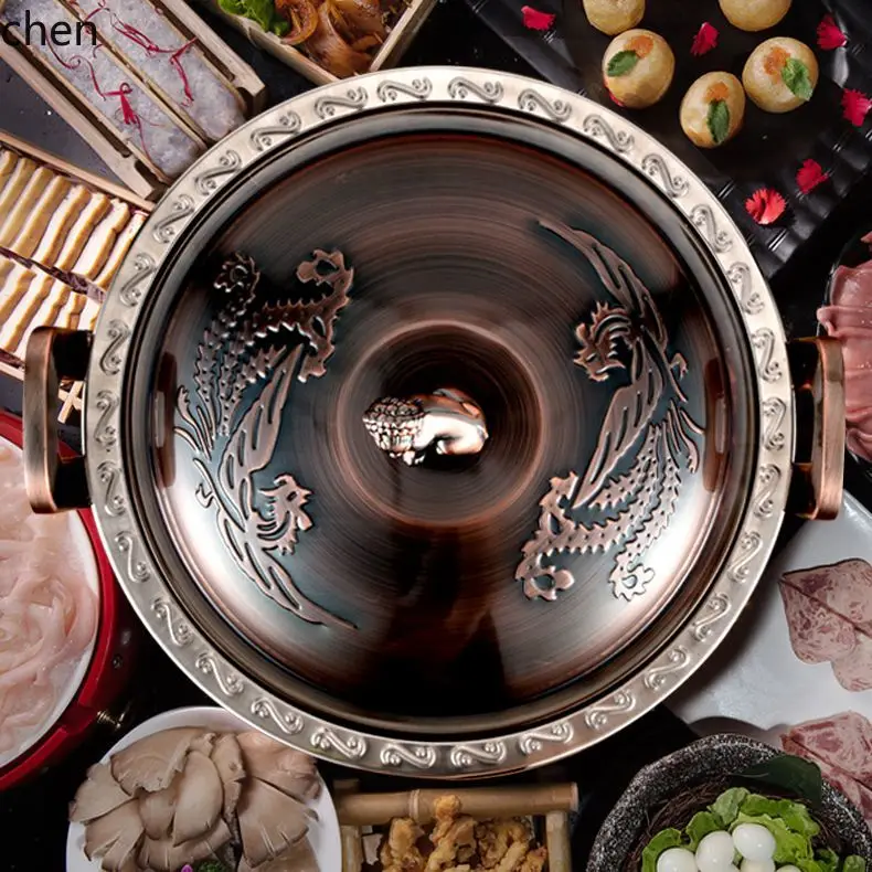 High-grade Antique Copper Alcohol Heater, Exquisite Carved Dry Pot, Stainless Steel Chinese Hotpot, Hotel Specific Soup Pots 4