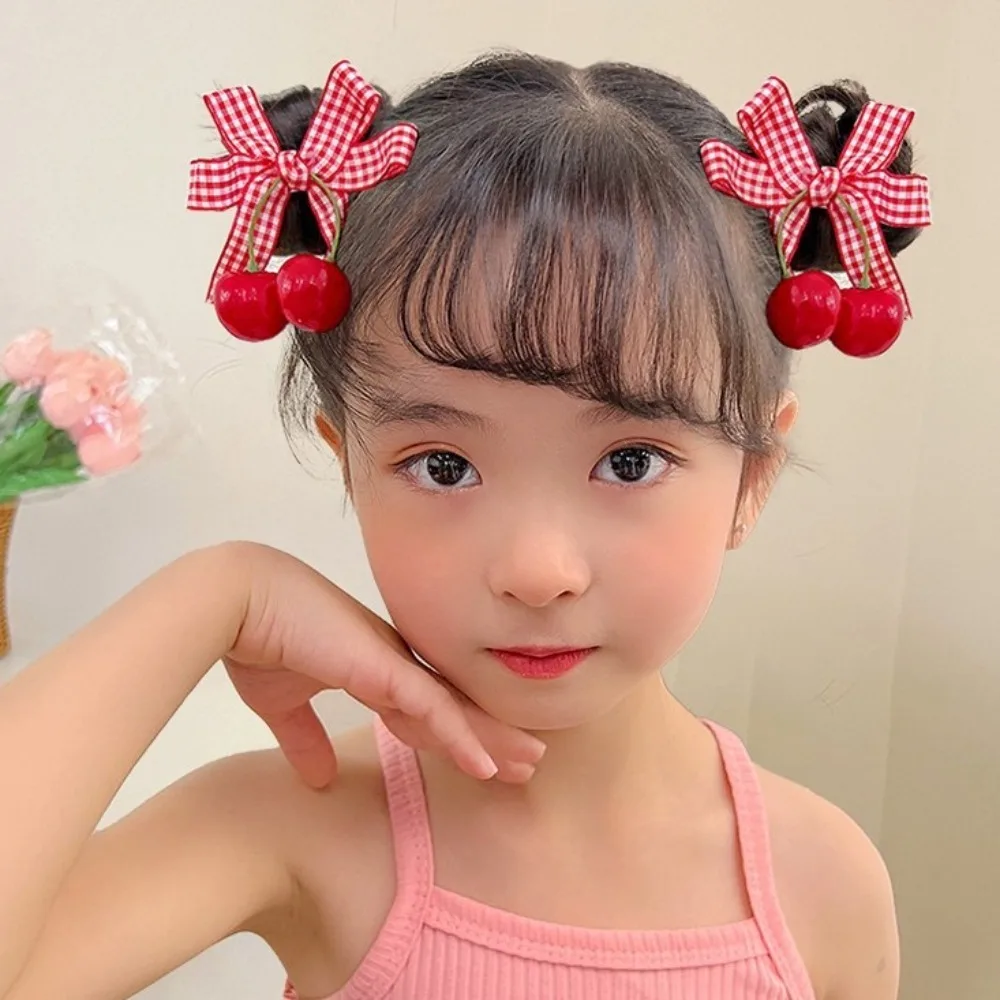1pair Cute Red Cherry Hair Clip Cloth Bow Headflower Strawberry Side Hairpins Barrettes Headwear Bow Hairpins Girls