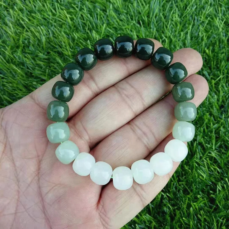 Exquisite Hetian Jade Couple's Beautiful Old-Styled Bead Gradient Color Bracelet